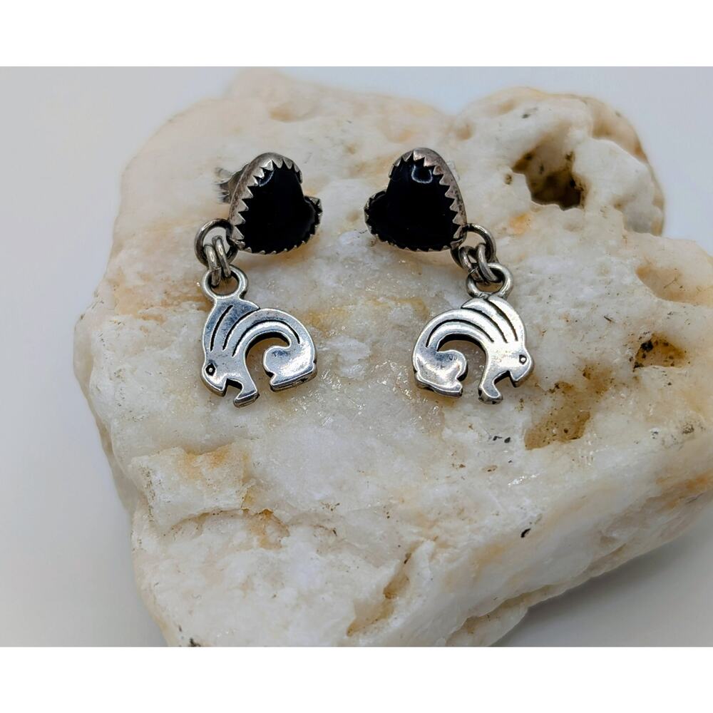 Rare NA Rabbit Totem and Blk Onyx Heart SS Earrings signed QT Quac Turquoise Inc - Picture 3 of 7